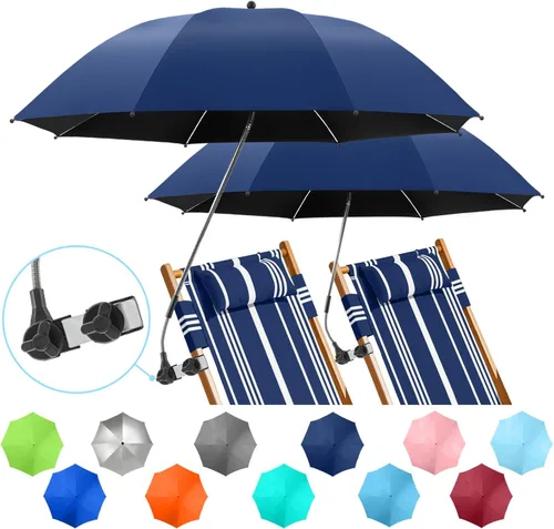 Miniatura 8 de Paquete de 2 paraguas de playa con abrazadera, paraguas ajustable de 360° para silla, paraguas UPF50+ para silla de playa, silla de patio, silla