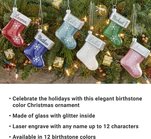 Miniatura 3 de Let's Make Memories Adorno de Navidad personalizado, cristal con forma de calcetín con purpurina, nombre grabado con láser, tono de joya, adorno