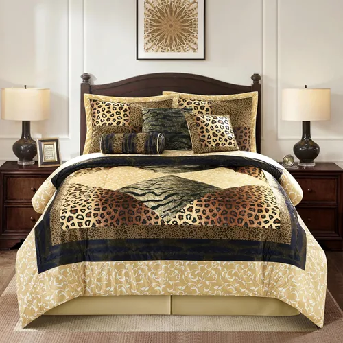 Grand Avenue Juego de edredón Queen de 7 piezas con estampado de leopardo, cama en una bolsa, almohadas y fundas de almohada a juego, falda de cama,