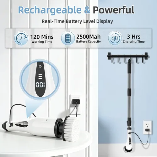 Miniatura 5 de Limpiador eléctrico giratorio, cepillo de limpieza inalámbrico de 3 velocidades con 8 cabezales de cepillo y base, IPX7 impermeable, mango largo