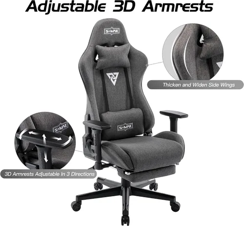 Miniatura 6 de S*MAX Silla de juegos de tela con reposapiés, asiento grueso, silla ergonómica para juegos con reposabrazos 3D, sillas de tela transpirable para Gris