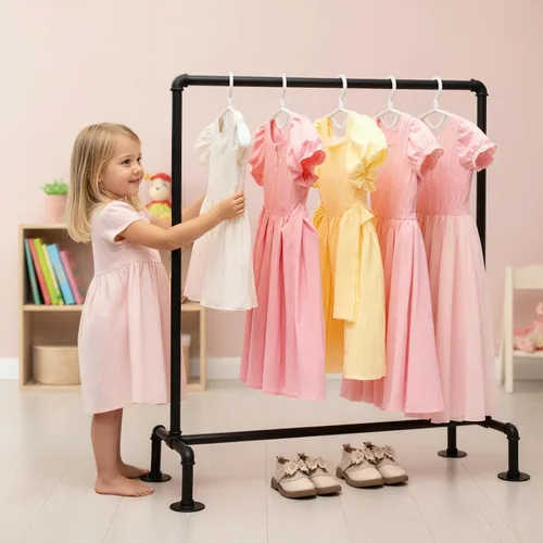 Miniatura 10 de Perchero de tubería industrial con 2 estantes flotantes, perchero de pared con 3 barras colgantes, barra de ropa de hierro resistente, rieles