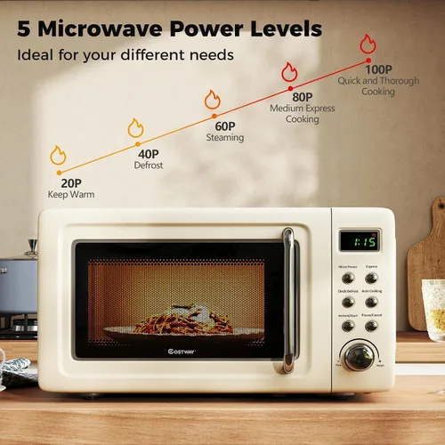 Miniatura 2 de COSTWAY horno microondas de encimera, 0.7 pies cúbicos, hornos microondas con 5 niveles de micro potencia, función de inicio diferido, plato