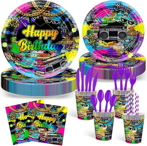 Avezano Juego de 192 piezas de vajilla de fiesta de los años 80 para cumpleaños de los años 80, suministros de decoración de mesa retro de los 80,