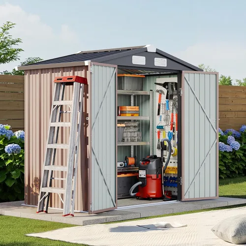 Miniatura 14 de Cobertizo de almacenamiento para exteriores de 5 x 3 pies, cobertizo de herramientas de jardín de metal con techo inclinado y puerta con cerradura