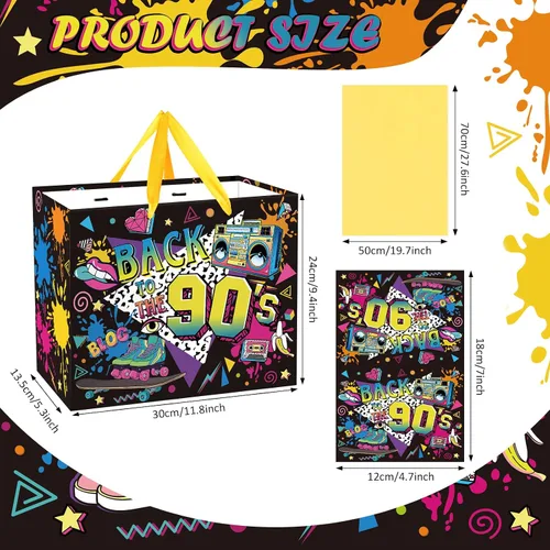 Miniatura 6 de Bolsa de regalo de cumpleaños de los años 90 para hombres y mujeres, bolsas de recuerdos de fiesta temática retro de los años 90 con papel de seda