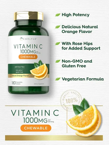 Miniatura 3 de Carlyle Masticables de vitamina C 1000 mg 180 tabletas Vegetariano, sin OMG, suplemento sin gluten