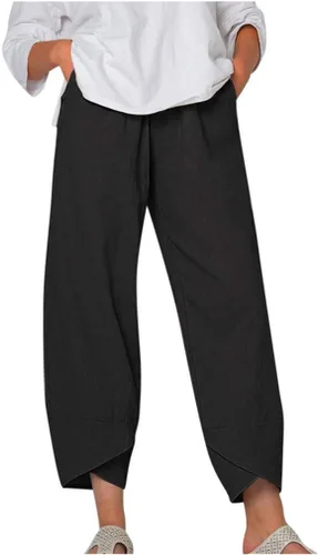 Miniatura 15 de Pantalones Capri de Lino de Algodón para Mujer 2025, Pantalones Palazzo Recortados Casuales con Estampado, Cintura Elástica, Pantalones Holgados