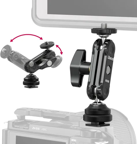 R098 Cold Shoe Monitor Mount, 1/4 "Rotable Dual Ballhead Hot Shoe Mount Micrófono Luz de relleno Monitor de cámara Soporte giratorio Compatible con