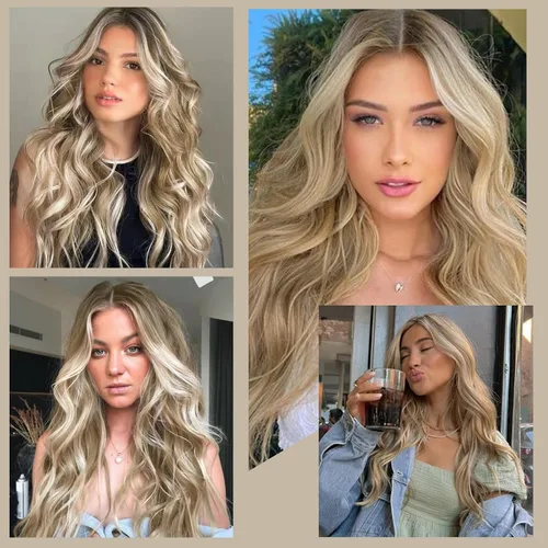 Miniatura 6 de WECAN Extensión de cabello con clip, de 20 pulgadas, mezcla de rubio ceniza y rubio decolorado, 6 piezas, extensiones de cabello largo ondulado