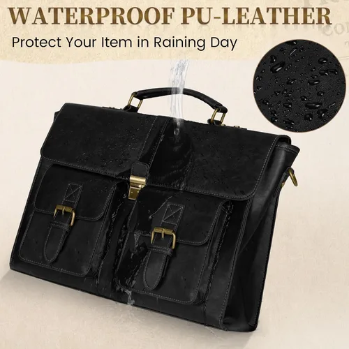 Miniatura 5 de RAINSMORE Bolsa de mensajero para hombre de 15.6 pulgadas de cuero vintage para laptop, maletín impermeable, bolsa de cuero para computadora laptop