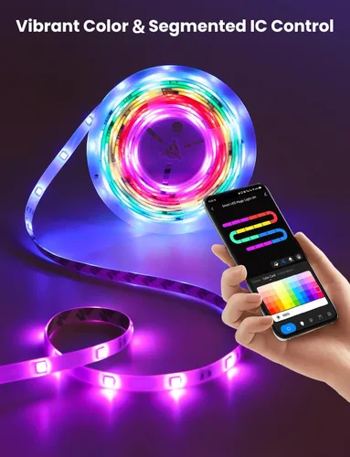 Miniatura 4 de Tira de luz LED RGB+IC, luz LED inteligente de 32.8 pies para dormitorio, control de aplicación Bluetooth, tira de iluminación LED que cambia