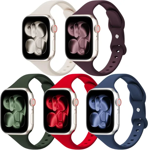 Miniatura 20 de Paquete de 5 bandas de silicona delgadas compatibles con Apple Watch de 38mm 42mm 40mm 44mm 41mm 45mm 46mm 49mm, correa deportiva estrecha y delgada