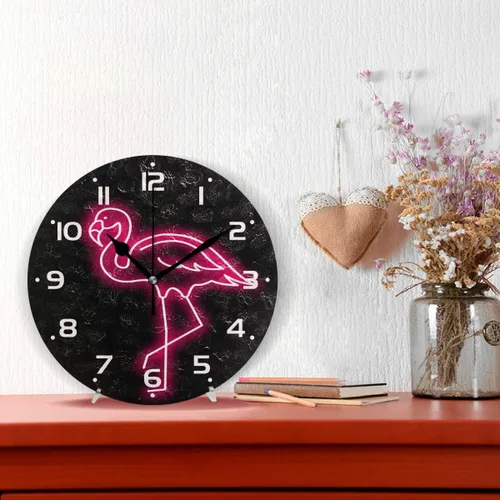 Miniatura 2 de Reloj de pared de flamenco neón analógico silencioso de cuarzo, reloj de escritorio redondo de 9.5 pulgadas, funciona con pilas, fácil de leer