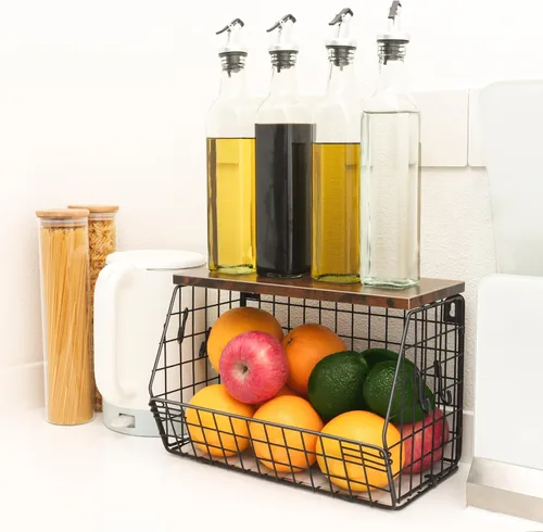Miniatura 4 de Mefirt Frutero, cesta de frutas apilable montada en la pared con tapa de madera lisa con 4 ganchos para colgar plátanos, organizador de encimera