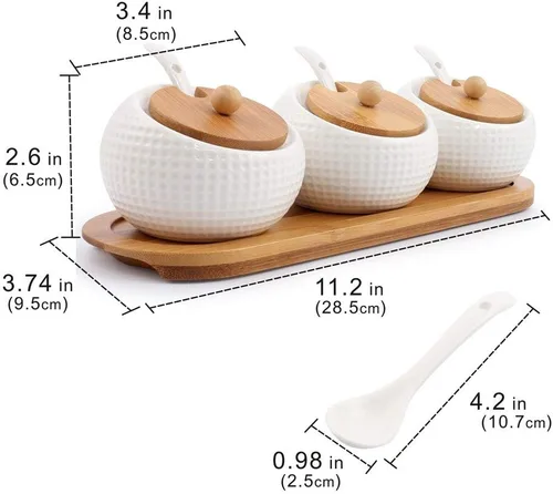 Miniatura 5 de Recipiente de especias de porcelana para condimentos con tapas, soporte de tapa de bambú, cuchara de servir de cerámica, bandeja de madera, la mejor