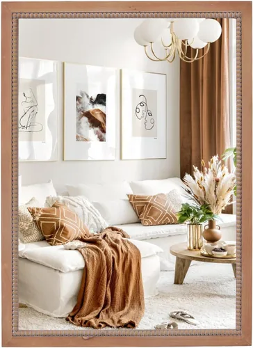 Miniatura 11 de Sawsile - Espejo redondo de madera, espejo circular rústico de 61 cm con marco de madera natural estilo granja y cuentas boho para pared, para baño