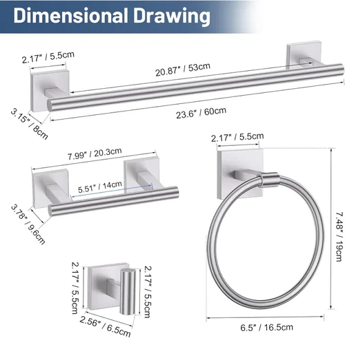 Miniatura 7 de TURS Juego de 5 Piezas de Accesorios de Ferretería de Baño de Níquel Cepillado, Juego de Barras para Toallas de Baño de Acero Inoxidable SUS304, Kit