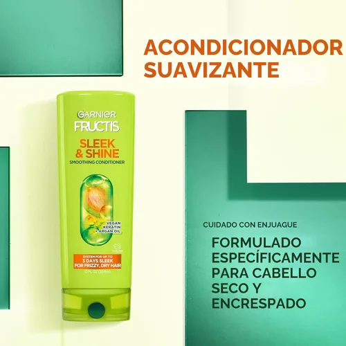 Miniatura 5 de Garnier Fructis Sleek & Shine Champú (22 onzas líquidas) + Acondicionador (21 onzas líquidas) Set para cabello encrespado y seco, Queratina vegetal