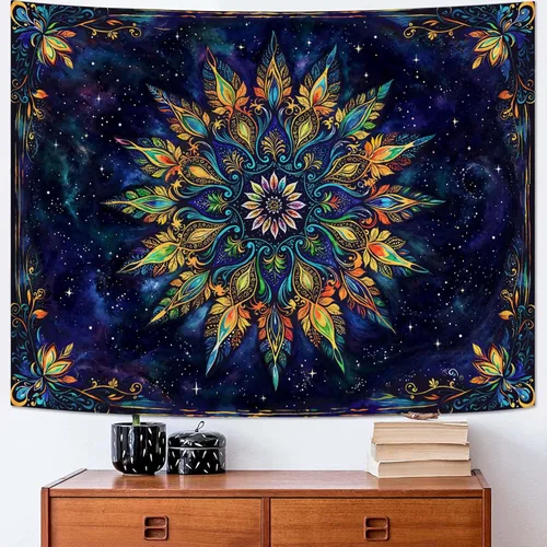 Miniatura 30 de Fowocu Tapiz bohemio con mandala floral para colgar en la pared, medallón de flores bohemias, tapiz estético, beige, naranja, hippie, indio, pequeño
