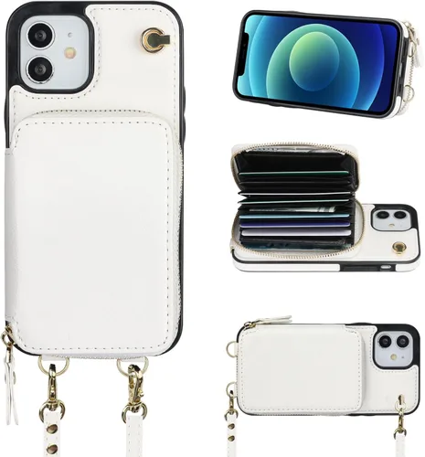 Miniatura 13 de Bocasal Funda tipo cartera cruzada para iPhone 12/12 Pro, funda de piel con bloqueo RFID y soporte para tarjetas, funda protectora con cremallera