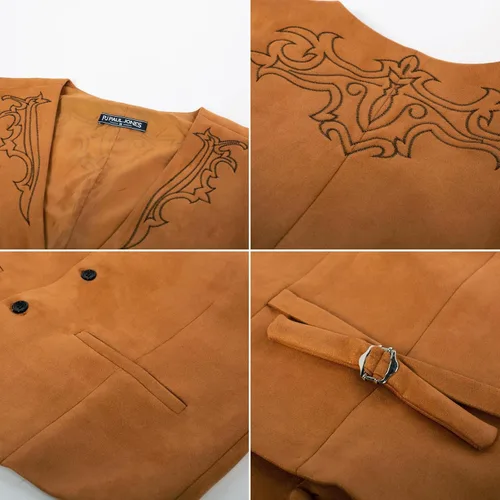 Miniatura 9 de Chaleco de traje de cuero de ante para hombre, chaleco bordado casual, ajustado, chaleco occidental