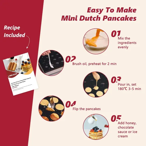 Miniatura 6 de LANUEVA Mini panquequera holandesa con receta, 25 piezas de 1.8 pulgadas, máquina de panqueques eléctrica con revestimiento antiadherente, acero