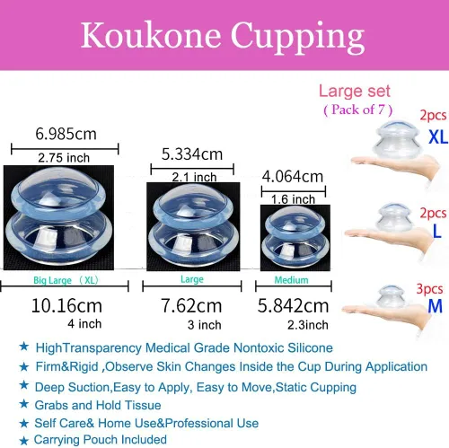 Miniatura 5 de 否 Koukone - Juego de 7 vasos de silicona para terapia de ventosas transparentes para terapia de ventosas médicas al vacío y tazas de masaje