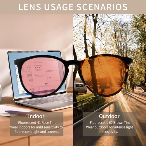 Miniatura 5 de Gafas fluorescentes para interiores - 41 rosa y exterior fluorescente-60 marrón tintado azul bloqueo luz gafas redondas migraña sensibilidad a