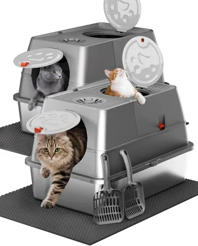 2PACK Stainless Steel Litter Box with Lid, XL Extra Large Litter Box Enclosed Top Entry Metal Litterbox for Big Cats & Multi-Cats, Easy Cleaning