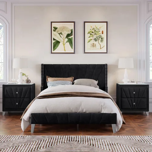 Miniatura 4 de Marco de cama tapizado de terciopelo contemporáneo con acolchado de canal y ribete de cabeza de clavos, no necesita somier (negro, matrimonial)