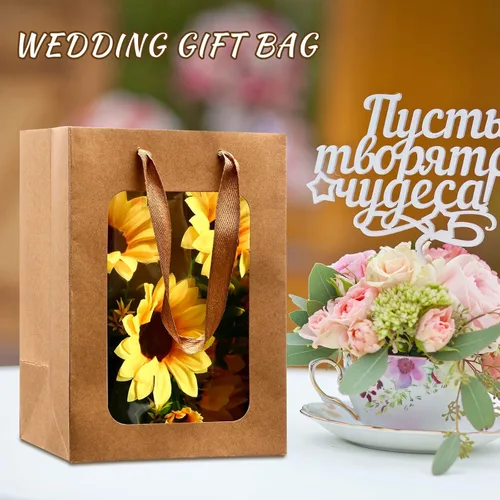 Miniatura 5 de Yexiya 15 bolsas de regalo de papel con ventana transparente, 7 x 5 x 10 pulgadas, bolsas de compras de papel kraft para bodas, cumpleaños