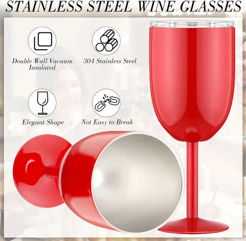 Miniatura 2 de Yinder 8 copas de vino de acero inoxidable con tallo de 12 onzas, copa de vino inoxidable con tapas, copas irrompibles con aislamiento de doble 8