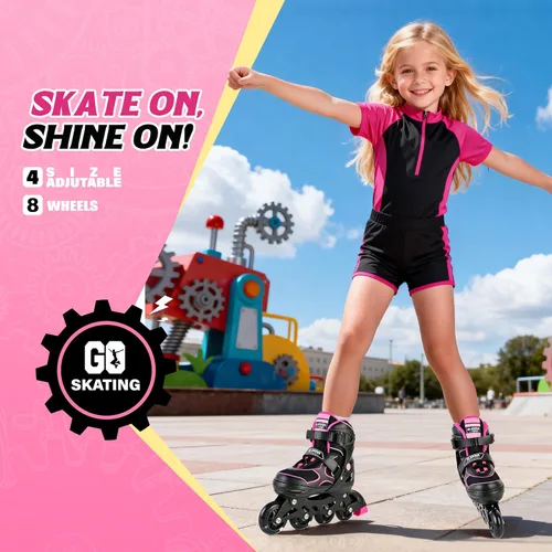 Miniatura 2 de 2PM SPORTS Patines en línea para niños y niñas, niños de 5 a 8 a 12 años, 4 a 6, 6 a 12 años, con ruedas iluminadas, cuchillas ajustables para Rosa