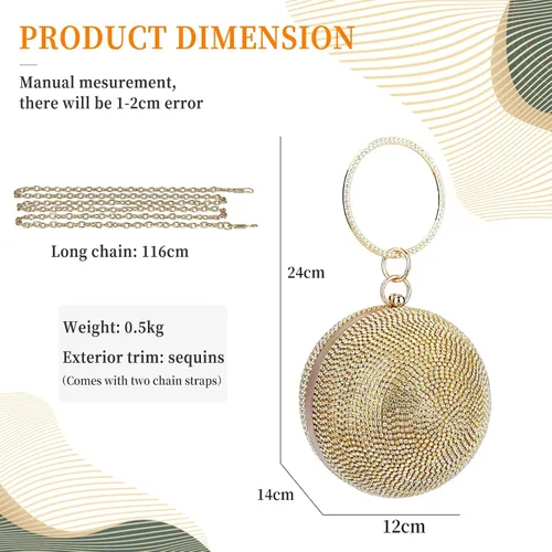 Miniatura 3 de Bolso de mano redondo de cristal para mujer, bolso de noche con diamantes de imitación, lentejuelas brillantes, bolso de hombro con purpurina, bolso