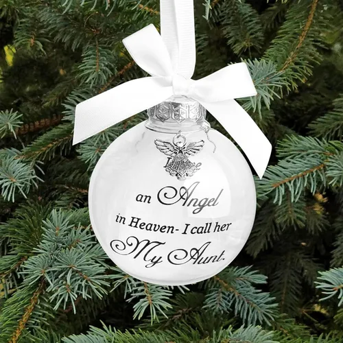 Adorno de ángel conmemorativo de Navidad con diseño de bola de plumas con texto en inglés "I Have an Angel in Heaven I Call Her Aunt Family"