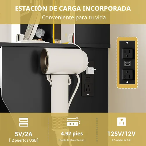 Miniatura 6 de Escritorio de tocador con espejo con luces LED y toma de corriente, pequeño juego de mesa de tocador de maquillaje con cajones de almacenamiento