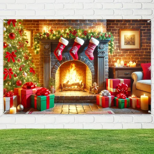 Miniatura 4 de BlissYard Cartel de Feliz Navidad de 71 x 43 pulgadas, fondo rojo y dorado, caja de regalo, fondo de fotografía, fondo de fotografía para interiores