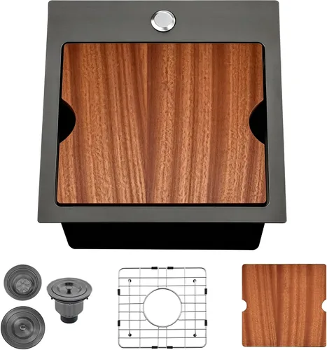 Fregadero de Barra Negro Empotrable de 15x15 Pulgadas - Fregadero de Cocina Cuadrado Pequeño de Acero Inoxidable de Montaje Superior para Estación