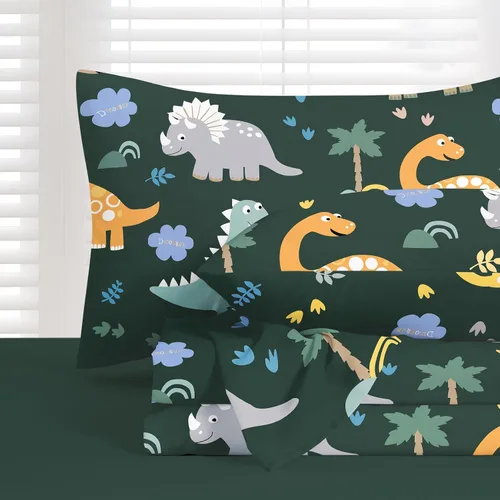 Miniatura 2 de Wake In Cloud - Sábanas de dinosaurio para niños, 100% algodón, juego de sábanas de 4 piezas para niños, ropa de cama estampada con patrón de hojas