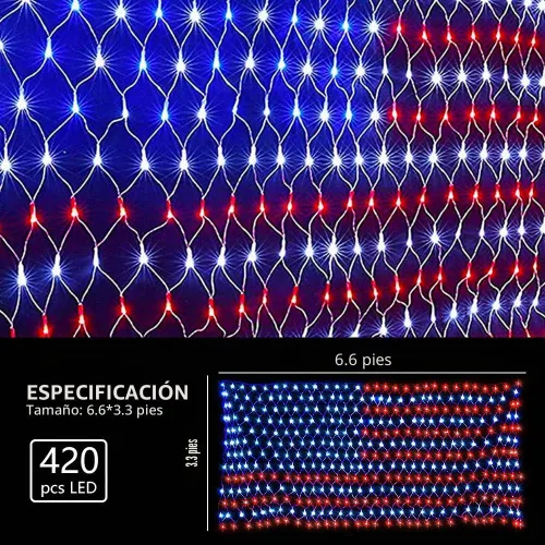 Miniatura 3 de Luces solares de bandera estadounidense, 420 luces LED impermeables de red de bandera estadounidense, decoraciones del día de la independencia, 8