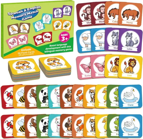 Edulok Juego de tarjetas de memoria, juego de partidos para niños pequeños, aprender español para niños, tarjetas flash bilingües, juguetes de