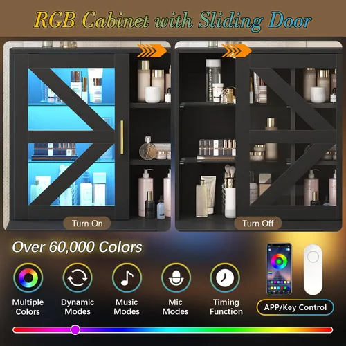 Miniatura 4 de Escritorio esquinero en forma de L con espejo iluminado LED y estación de carga, tocador de maquillaje negro con 6 cajones y gabinete RGB