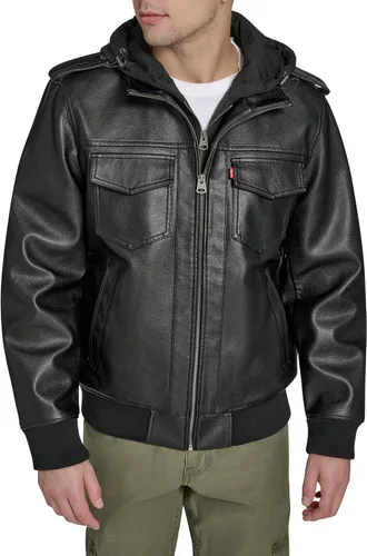 Levi's Men's Faux Leather Aviator Bomber Jacket With Jersey Bib and Hood