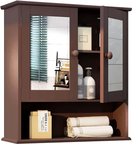 Miniatura 12 de TaoHFE Gabinete de medicina negro, 2 puertas con 3 estantes abiertos, gabinete de almacenamiento de madera montado en la pared sobre el inodoro