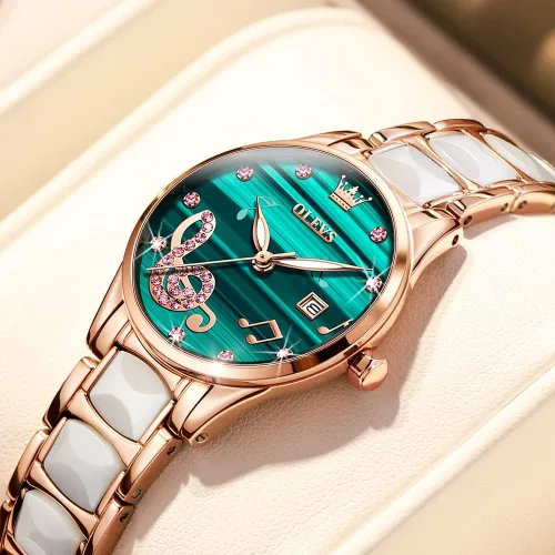 Miniatura 3 de OLEVS Relojes para mujer, oro rosa, de dos tonos, de moda, de cerámica, blanco, esfera rosa, roja, acero inoxidable, fecha impermeable