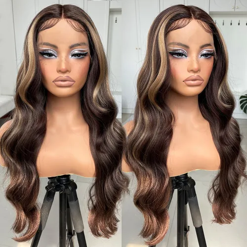 Miniatura 17 de #27 Peluca de encaje frontal rubia miel sin pegamento, onda corporal, pelucas de encaje frontal sintéticas prediseñadas, con línea de cabello #27