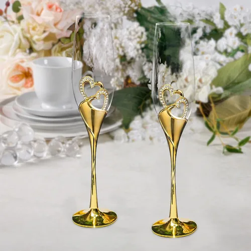 Miniatura 4 de Juego de copas de champán para boda, copas de flauta de tostado dorado, paquete de 2 con diamantes de imitación, decoración de corazones para bodas