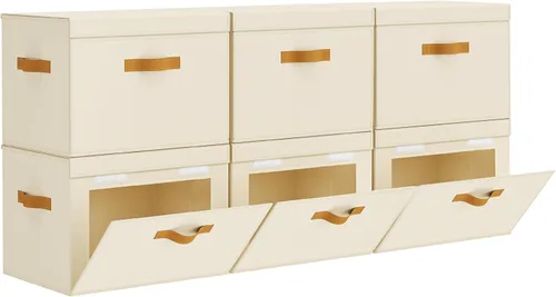 Miniatura 12 de Homsorout Contenedores de almacenamiento con tapa, organizador de armario con apertura lateral y ventana transparente, cesta plegable de tela Beige