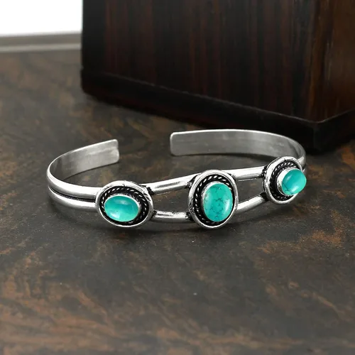 Miniatura 4 de Natural Three Gemstones 925 Silver Overlay Open Bangle for Women - Oval Stone Vintage Style Handmade Adjustable Cuff Bracelet Jewelry - Perfect for